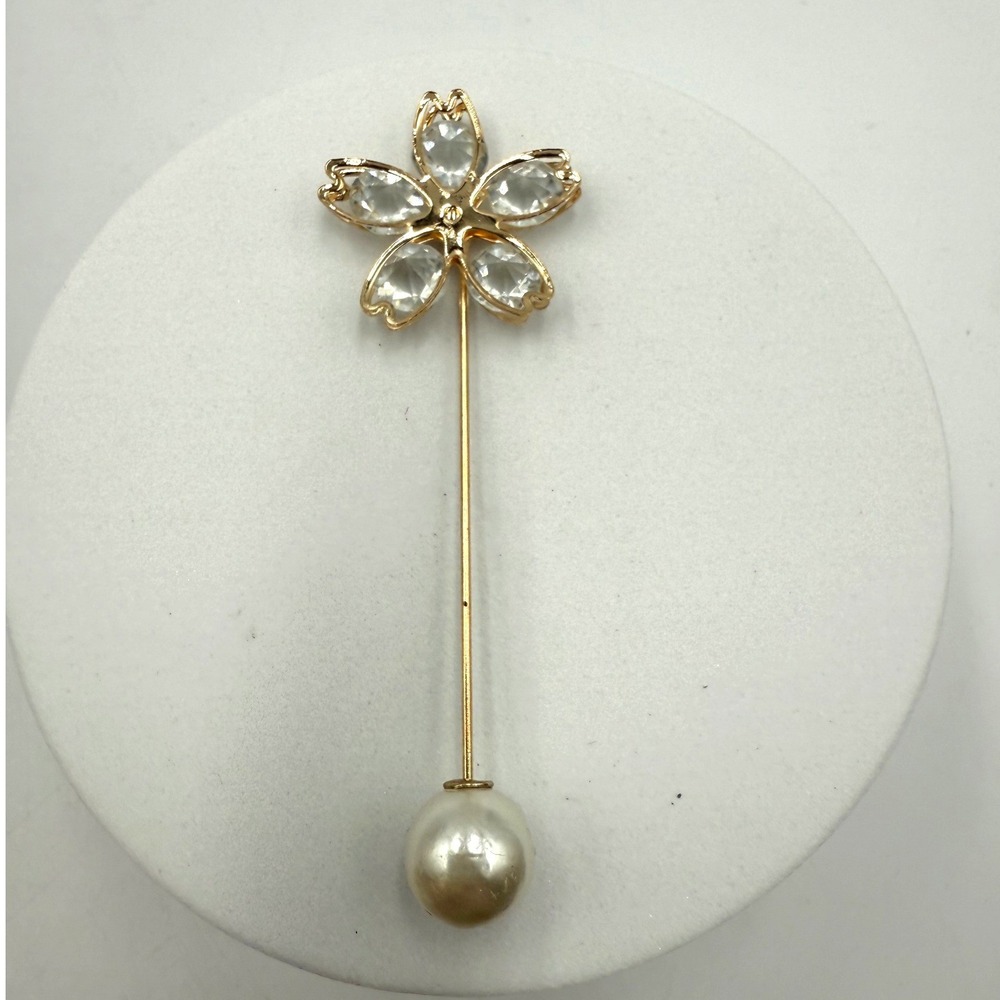 Gold Tone Flower Stick Pin Clear Crystal Petals Faux Pearl‎ Lapel Scarf Pin